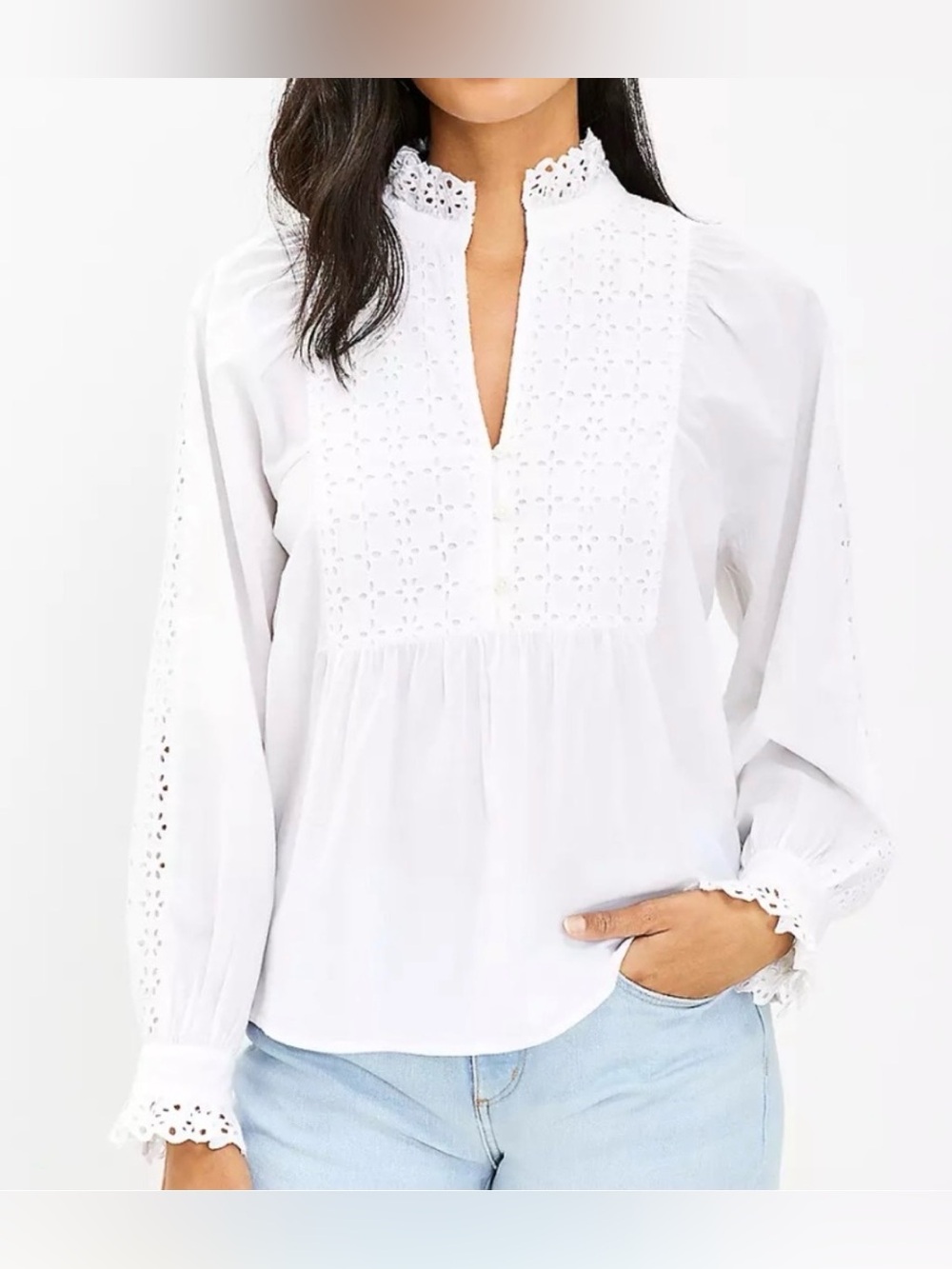 LOFT Ann Taylor White Eyelet Ruffle Collar Cuff Long Sleeve  Cotton Bib Blouse S